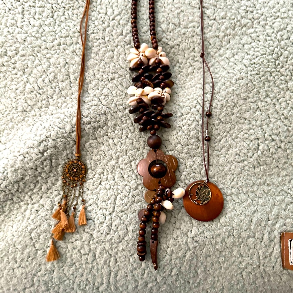 3 Pcs. Wooden Pendant Necklace .Vintage long necklace.